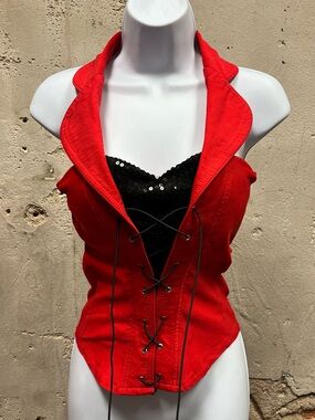 Adriana Vintage Y2K Red Black Sequin Lace Up Backless Halter Top Magician Fitted